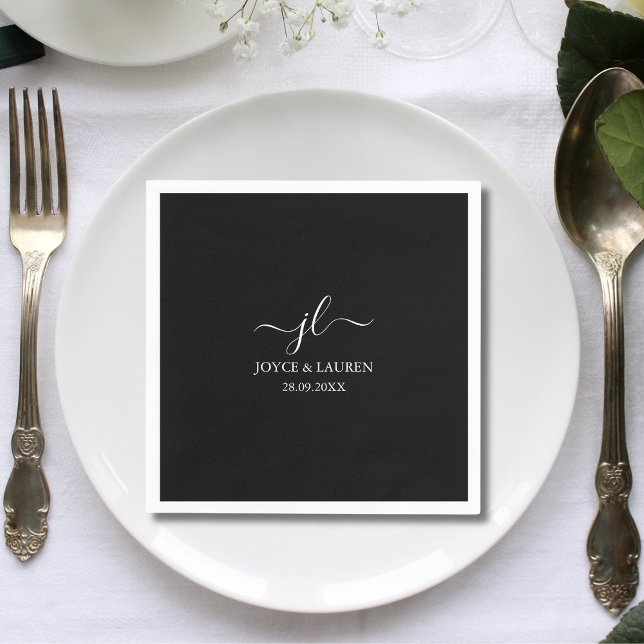 Whimsical Minimalist Script Black Wedding Cocktail Napkin (Creator Uploaded)