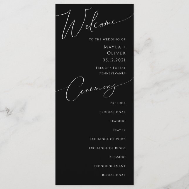 Whimsical Minimalist Script | Black Wedding Program (Front)