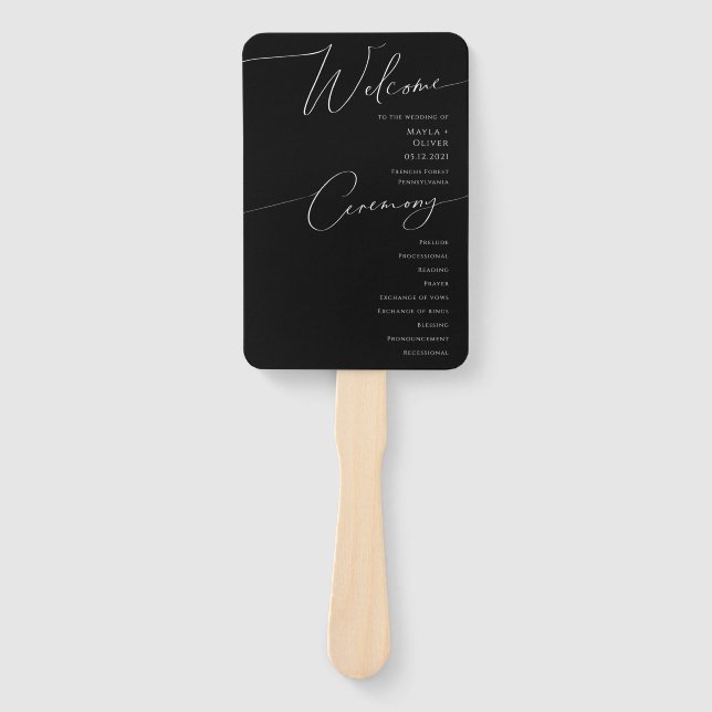 Whimsical Minimalist Script Black Wedding Program Hand Fan (Front)