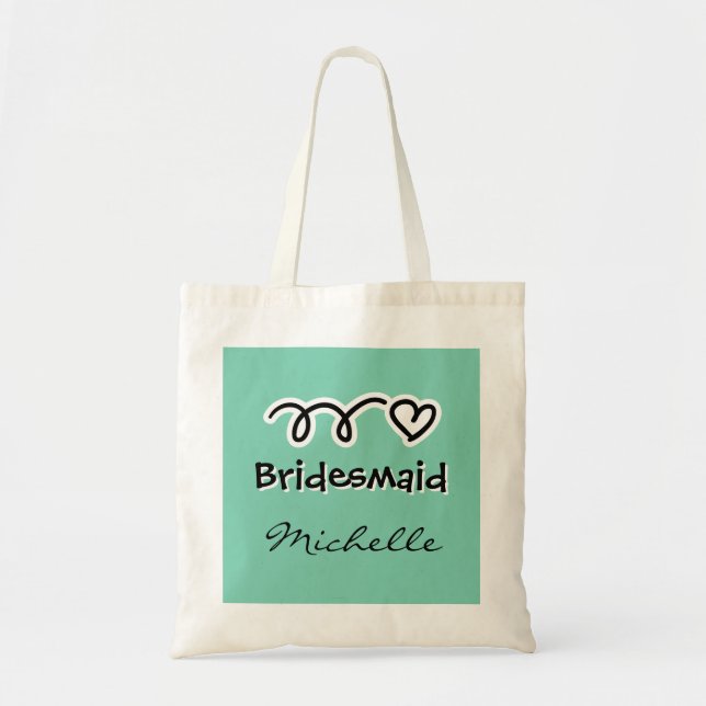 Whimsical mint bridesmaid tote bag with cute heart (Front)