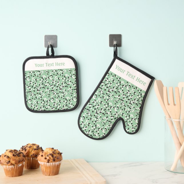 Whimsical Mint Polka Dot Doodles Pattern Oven Mitt & Pot Holder Set (Insitu(Hanging))