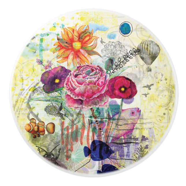 Whimsical mixed media collage art ceramic knob (Front)