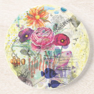 Whimsical mixed media collage art coaster