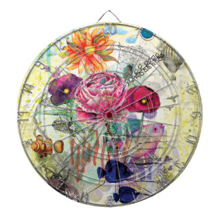 Whimsical mixed media collage art dartboard