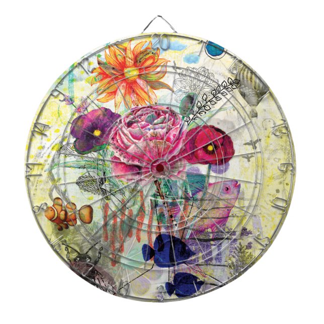 Whimsical mixed media collage art dartboard (Front)