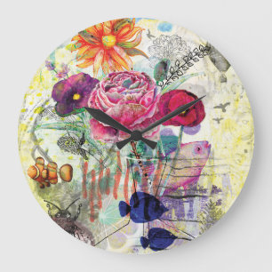 Whimsical mixed media collage art large clock