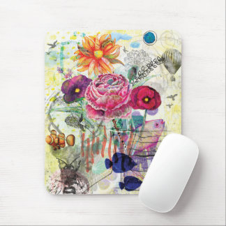 Whimsical mixed media collage art mouse pad