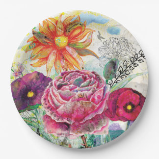 Whimsical mixed media collage art paper plate