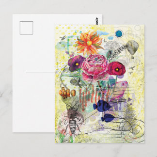 Whimsical mixed media collage art  postcard