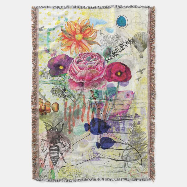Whimsical mixed media collage art  throw blanket (Front Vertical)