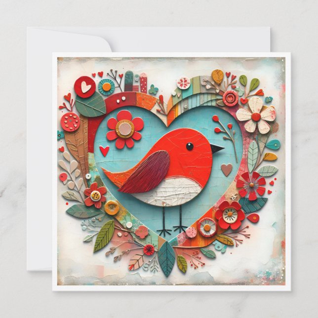 Whimsical mixed media Red Robin Bird Heart (Front)