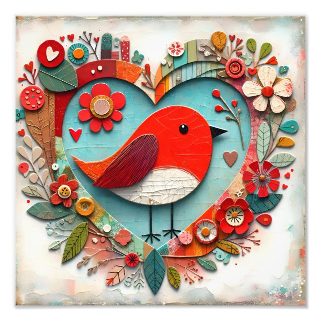 Whimsical mixed media Red Robin Bird Heart Photo Print (Front)