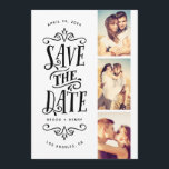 Whimsical Mod 3-Photo Save The Date | Black<br><div class="desc">Announce your date in style with this 3-photo save the date card featuring bold typography. The reverse features a striped pattern and an additional photo and text.</div>