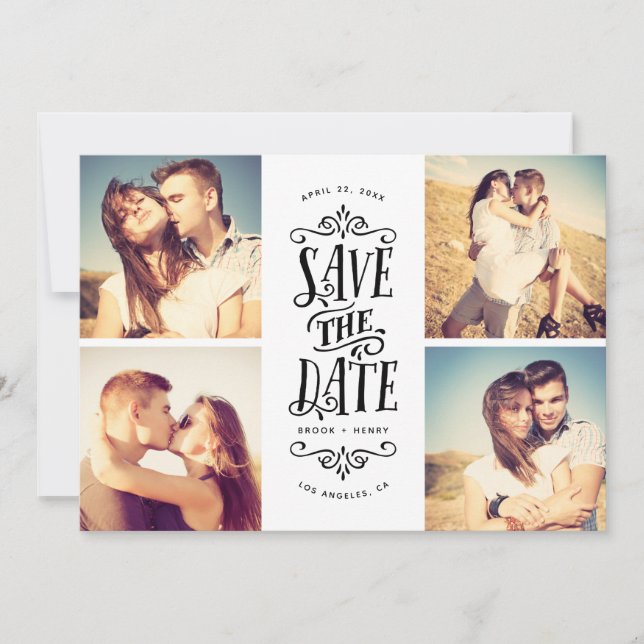 Whimsical Mod 4-Photo Save The Date | Black (Front)