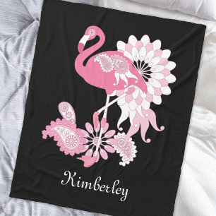 Whimsical Modern Black Pink Flamingo Fleece Blanket