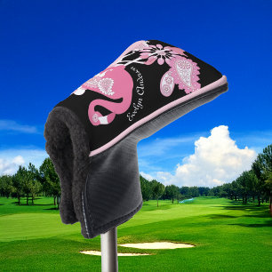 Whimsical Modern Black Pink Flamingo Golf Head Cover