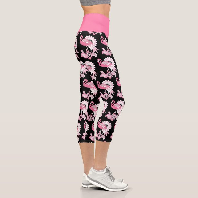 Whimsical Modern Black Pink Flamingo Pattern Capri Leggings (Right)