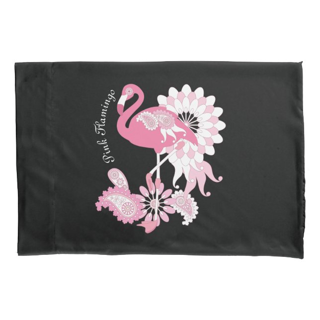 Whimsical Modern Black Pink Flamingo Pillowcase (Front)