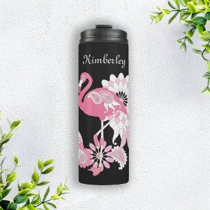 Whimsical Modern Black Pink Flamingo Thermal Tumbler
