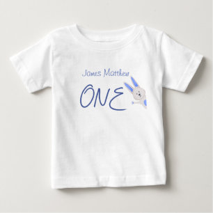 Whimsical Modern Blue Bunny 1st Birthday Baby T-Shirt