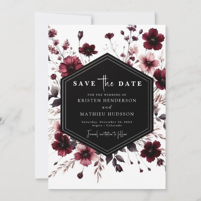 Whimsical Modern Burgundy Wedding  Save The Date (Front)