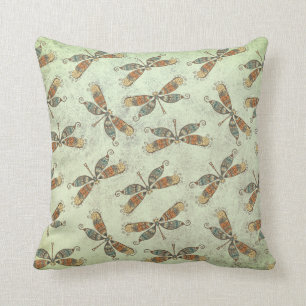 Whimsical Modern Dragonfly Pattern On Sage Green Cushion
