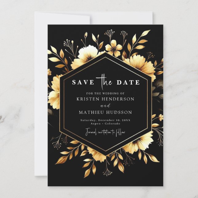 Whimsical Modern Gold and Black Wedding Save The Date (Front)
