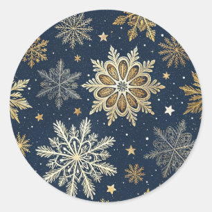 Whimsical Modern Navy Gold Snowflakes Classic Round Sticker
