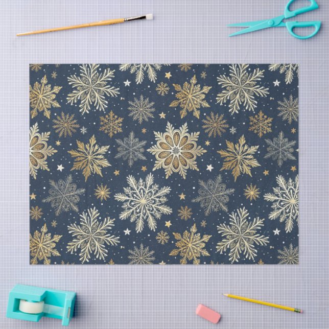 Whimsical Modern Navy Gold Snowflakes Decoupage Tissue Paper (Craft)