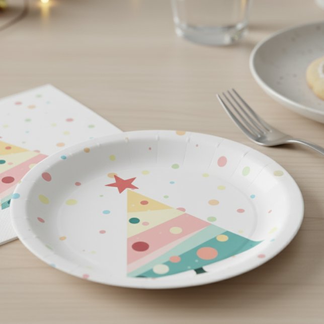 Whimsical Modern Pastel Polka Dot Christmas Paper Plate (Pastel color polka dot Christmas tree paper plate)