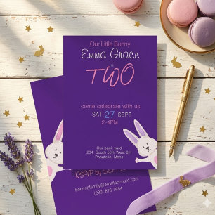 Whimsical Modern Pink Bunny 2nd Birthday Invitation