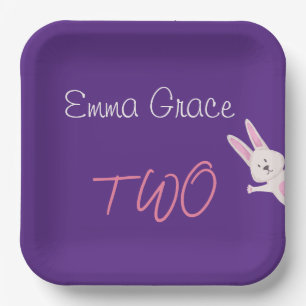 Whimsical Modern Pink Bunny 2nd Birthday Paper Plate