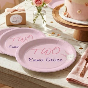 Whimsical Modern Pink Bunny 2nd Birthday Paper Plate