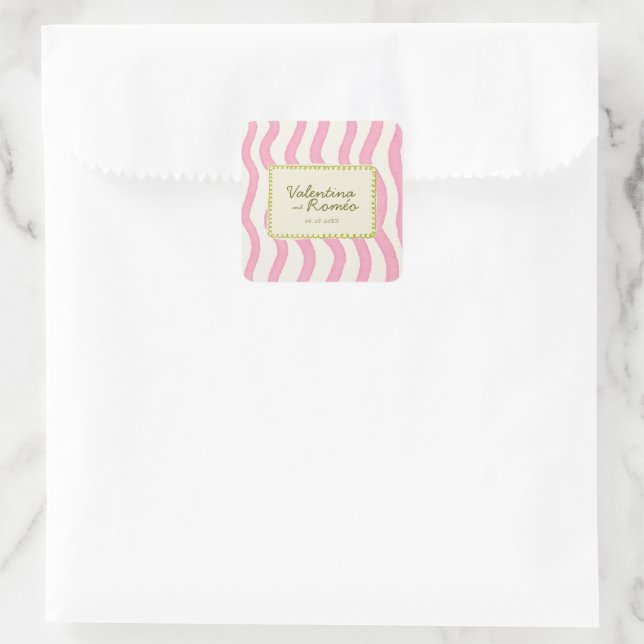 Whimsical Modern Pink & Green Wedding Square Sticker (Bag)