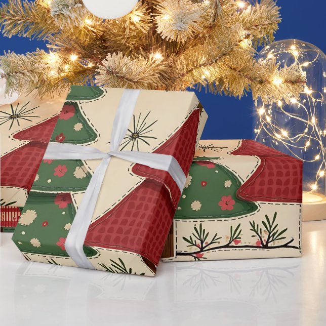 Whimsical Modern Red & Green Christmas Floral  Wrapping Paper (Holidays)