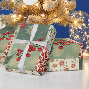 Whimsical Modern Red & Green Christmas Floral  Wrapping Paper