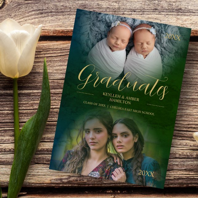 Whimsical Modern Script 2 Photos Graduates Twins Invitation (Creator Uploaded)