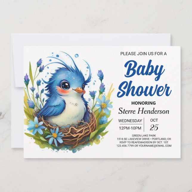 Whimsical Modern Woods Bird Boy Baby Shower Invitation (Front)
