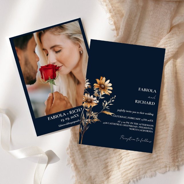 Whimsical Monogram Boho Blue Wildflower Wedding  Invitation (Creator Uploaded)