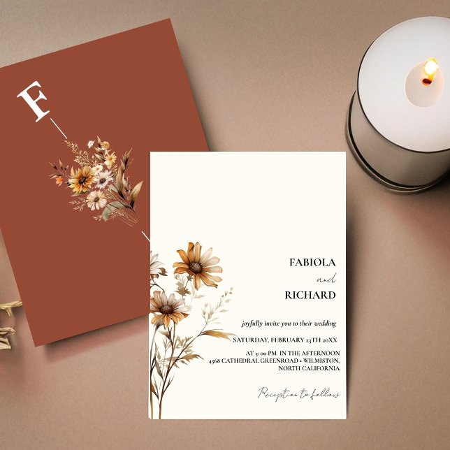 Whimsical Monogram Burnt orang Wildflower Wedding  Invitation (Creator Uploaded)