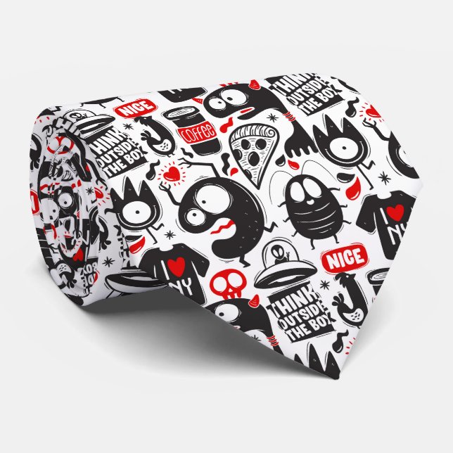 Whimsical Monsters and Quotes Black & Red  Tie (Rolled)