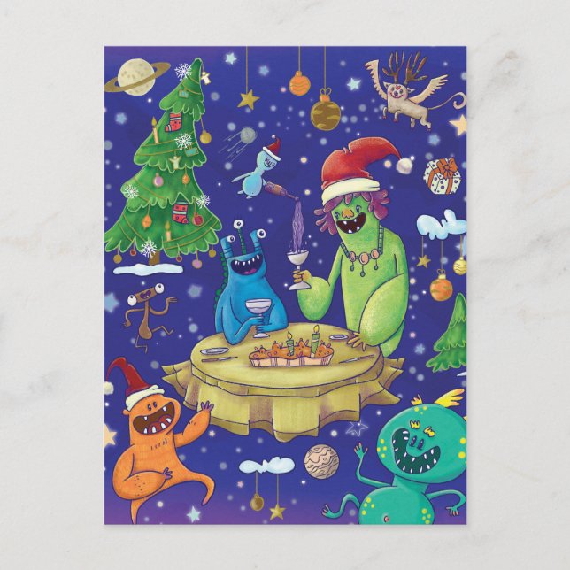 Whimsical Monsters Illustration/  Holiday Postcard (Front)