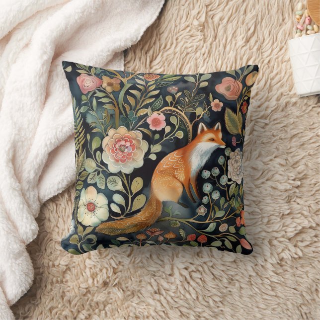 Whimsical Moody Dark Floral Fox and Flowers  Cushion (Blanket)