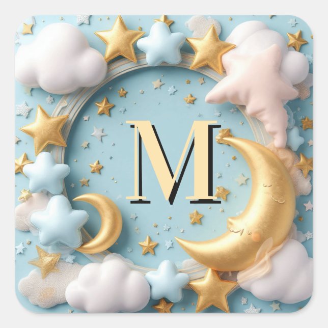 ⭐ Whimsical Moon And Clouds Baby Theme ⭐ Square Sticker (Front)