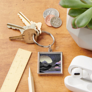 Whimsical Moon and Mountains Abstract Art Key Ring