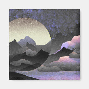 Whimsical Moon and Mountains Abstract Art Magnet