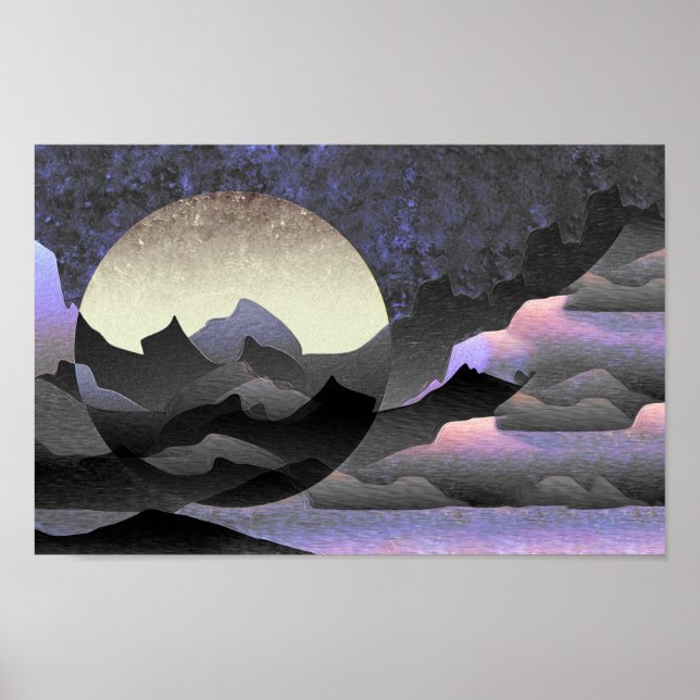 Whimsical Moon and Mountains Abstract Art Poster (Front)
