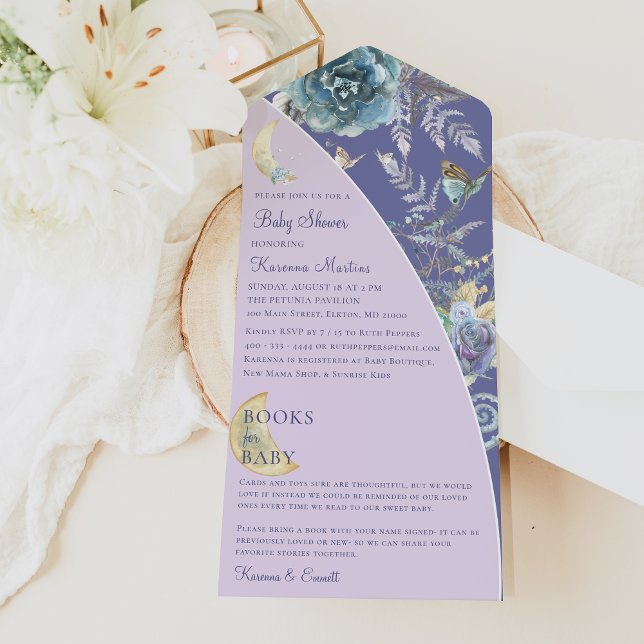 Whimsical Moon Books For Baby Purple Baby Shower All In One Invitation (Creator Uploaded)