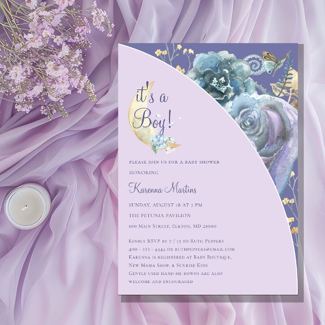 Whimsical Moon Purple It's a Boy Baby Shower Invitation (Creator Uploaded)
