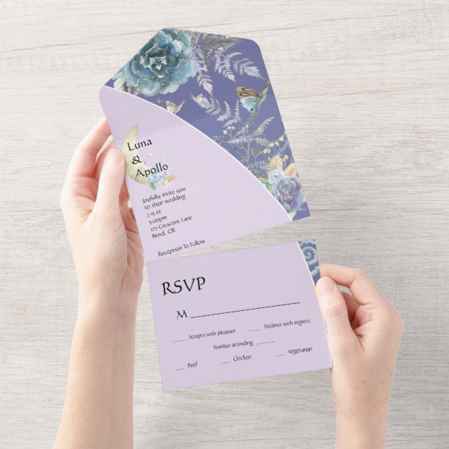 Whimsical Moon Purple Wedding All In One Invitation (Tearaway)